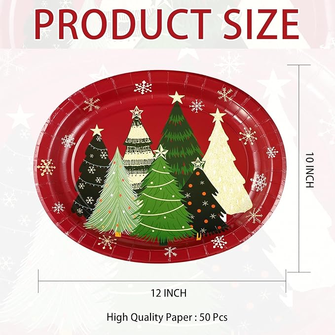 Grencian 50Pcs Christmas Oval Paper Plates 10" x 12" Large Disposable Heavy Duty Red Multiple Pine Trees Paper Platters Vintage Plate Tree Dessert Plates for Christmas Picnic Holiday Party Supplies
