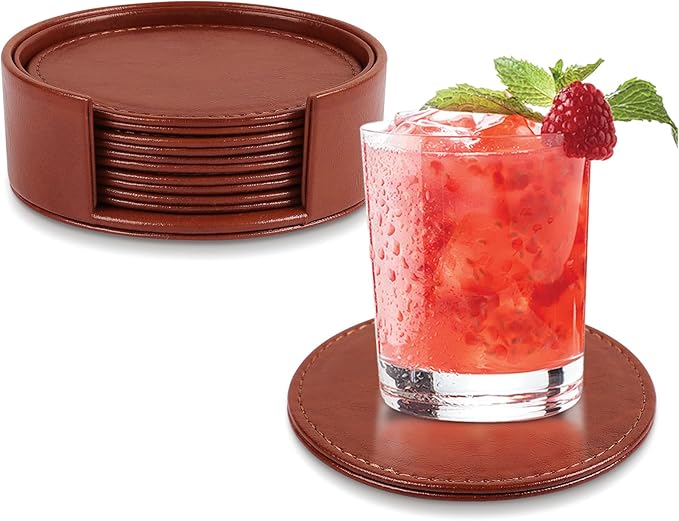 6 Pcs Premium Leather Coasters with Holder, Tabletop Protection, Coffee Table & Bar Decoration, Modern-Style Drink Coasters Suitable for Home Dining Tables & Kitchen Accessories (Brown)