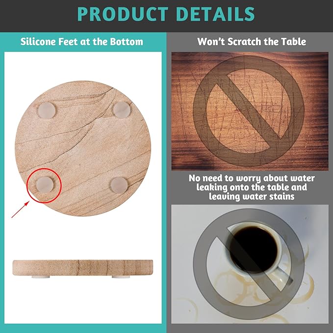 Natural Sandstone Coasters Set of 2 (No Holder), 4 in Dia Drink Coasters for Coffee Table, Water Absorbent & Heat Resistant Cup Coasters for Home & Office, Christmas Birthday Gift