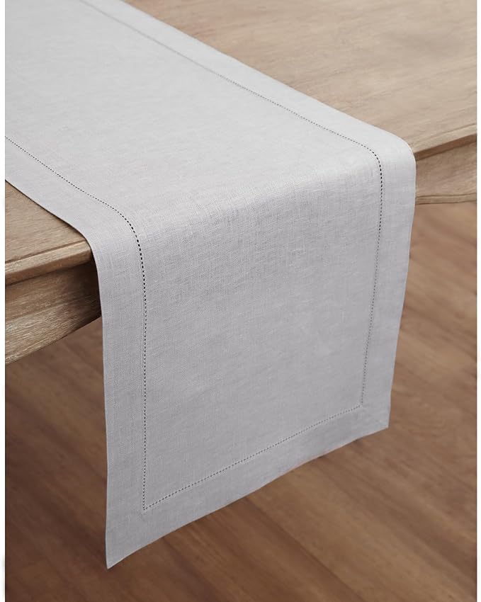 Solino Home Linen Soft Grey Table Runner 90 Inches Long - 100% Pure Linen Hemstitch 14 x 90 Inch Table Runner for Dining, Spring, Easter - Classic Hemstitch