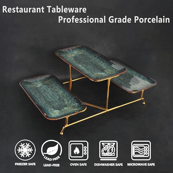 3 Tier Serving Trays for Party, 12 Inch Porcelain Serving Platters and Tiered Trays, Foldable Sturdy Gold Stand, for Food Display, Fruit, Cake Dessert, Decoration Entertaining, Black