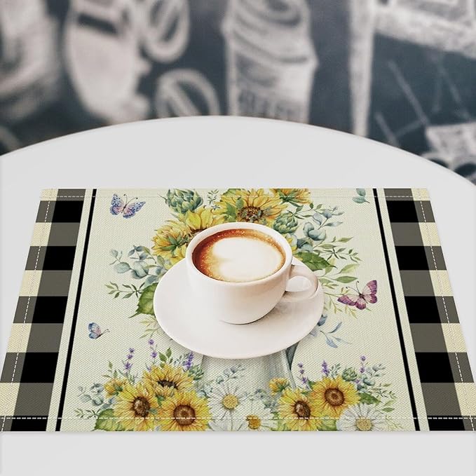 Vintage Sunflower Theme Placemat Set, Rustic Farmhouse Vivid Lavender Floral Butterflly Black White Check Pattern Home Decor Linen Table Mats for Dining Room Kitchen Party (17x12in) x6P