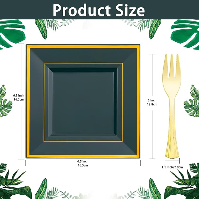 WDF 200PCS Green and Gold Plastic Dessert Plates with Plastic Forks -6’’ 100 Square Disposable Appetizer Plates Small Plates Cake Plates with Gold&100 Green Small Appetizer Forks for St. Patrick's Day
