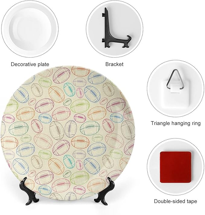 Decorative Plates, American Football Print Ornament, Grunge Looking Hand Drawn Sports Sketch, 6 Inch, Kitchen Wall Decor, Multicolor