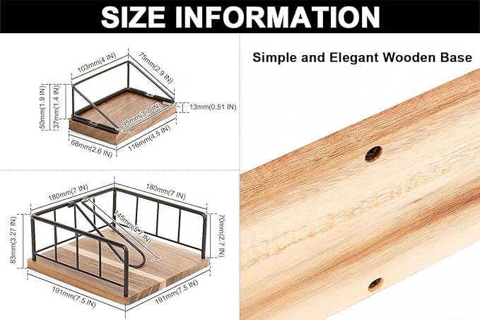Livabber Flat Napkin Holder, Metal Kitchen Napkin Storage with Weighted Tension Arm Rustic Tissue Paper Dispenser for Countertop, Table Kitchen, Dining Room (with Wooden Base, Black Napkin Holder Set)