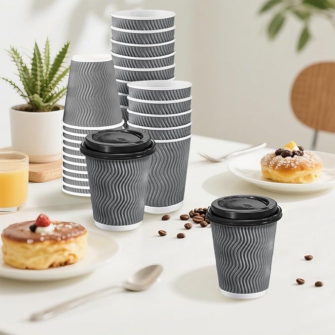 100 Pack 10 oz Disposable Coffee Cups with Lids, Insulated Ripple Wall To-Go Paper Coffee Cups Suitable for Chocolate Cocoa and Hot/Cold Drinks (Grey)
