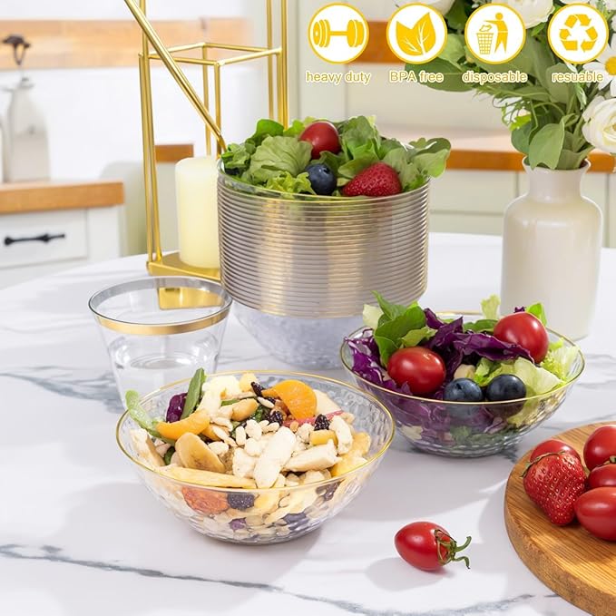 I00000 50 Pack 12 Ounce Clear Plastic Bowls Hammered with Gold Rimmed, Heavy Duty Disposable Bowl Set,Small Bowls for Valentine's Day