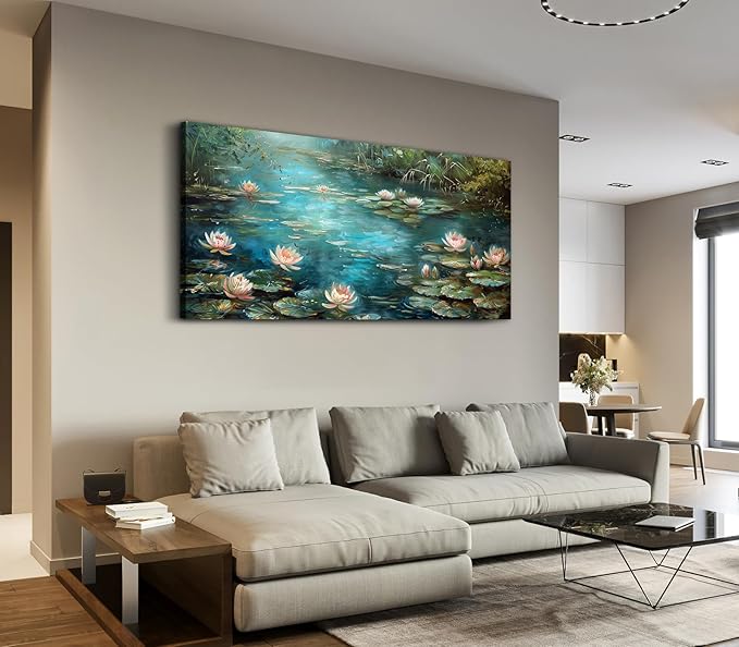 ADJUVANT Wall Art Impressionist Water Lily Pond 60" L x 30" W, Lotus Flower Canvas Painting Nature Artwork Green Water and Pink Blooms Prints Wall Decor for Living Room Bedroom Study Home Office