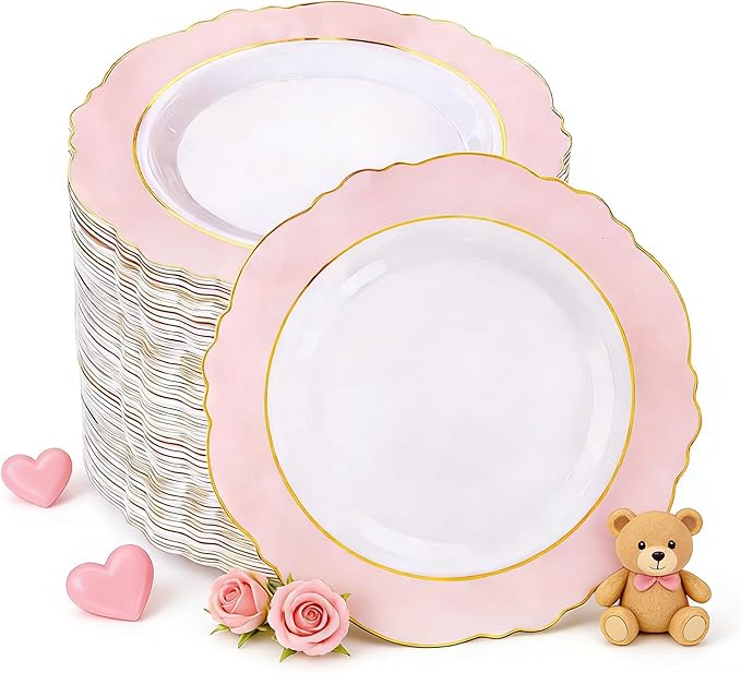 WDF 60pcs Pink Dessert Plates - 7.5inch Baroque Pink &White Disposable Dessert/Appetizer Small Cute Cake Plates for Upscale Parties &Wedding-Special for Baby Shower, Brithday, Valentine's Day