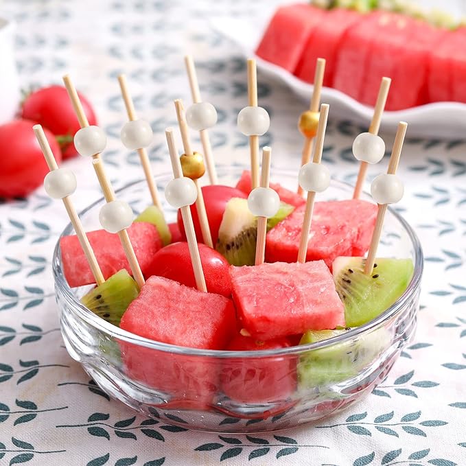 200 Pcs Cocktail Picks, 4.7 Inch Toothpicks for Appetizers, Bamboo Cocktail Sticks Skewers for Drinks, Desserts, Charcuterie, Wedding Party Fancy Toothpicks, Natural Pearl Mini Food Picks Decorative