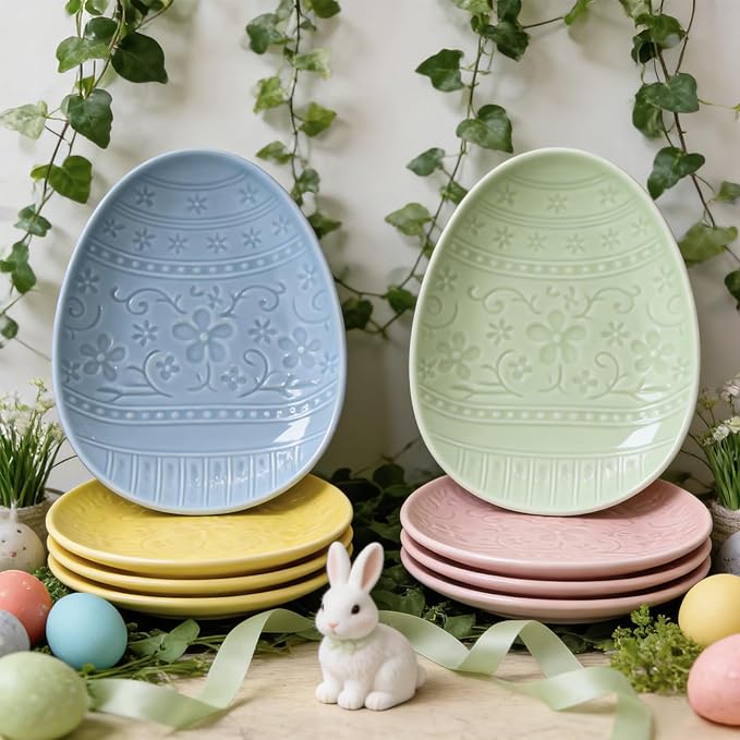 Havawish 4 Pack Easter Pastel Ceramic Dessert Plates 7 Inch Egg Accent Plates for Easter Parties Appetizer Salad Snacks Family Meals Spring Kitchen Table Decor