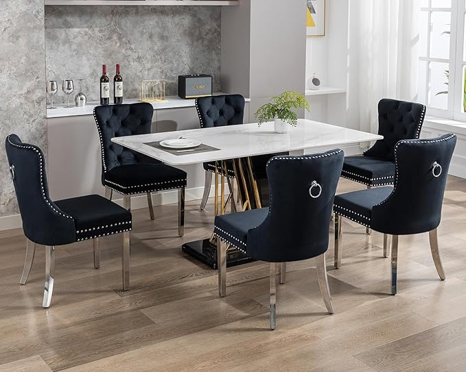 KCC Velvet Dining Chairs Set of 2, Upholstered High-end Tufted Dining Room Chair with Nailhead Back Ring Pull Trim Stainless Steel Legs, Contemporary Nikki Collection Modern Style for Kitchen, Black