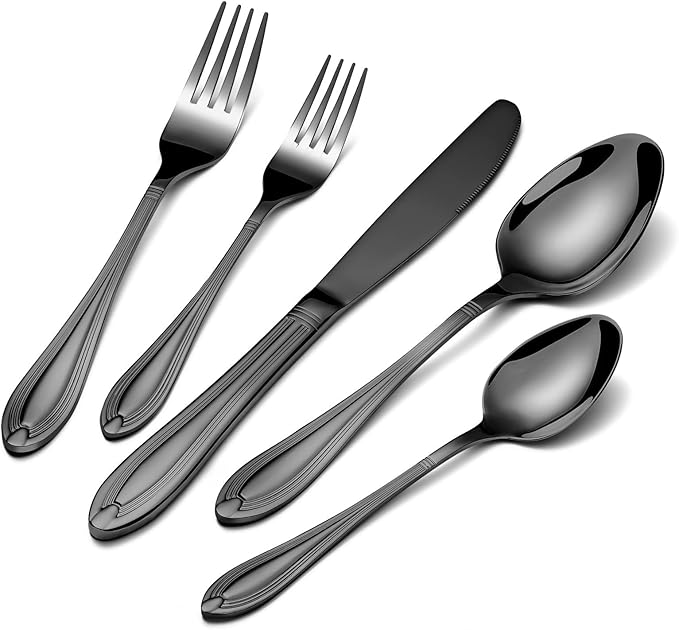 TIVOLI Silverware Set for 4, 20 Piece Heavy Duty Stainless Steel Flatware Utensils Cutlery Set Including Steak Knife Fork and Spoon, Dishwasher Safe, Gift Package for Wedding Housewarming (Black)