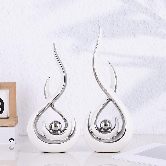 Ceramic Abstract 2 Piece Statue Set, White and Silver Home Decor Accents for Home Decor Statue Mantle Shelf Unique Decor, TV Cabinet Partition Table Top and Dining Table Centerpiece.