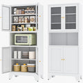 Metal Pantry Storage Cabinet with 2 Glass Doors, 69" Tall Kitchen Pantry Cabinet with 4 Doors & 3 Adjustable Shelves, Microwave Stand for Kitchen, Dining Room, Living Room (1PC,White)