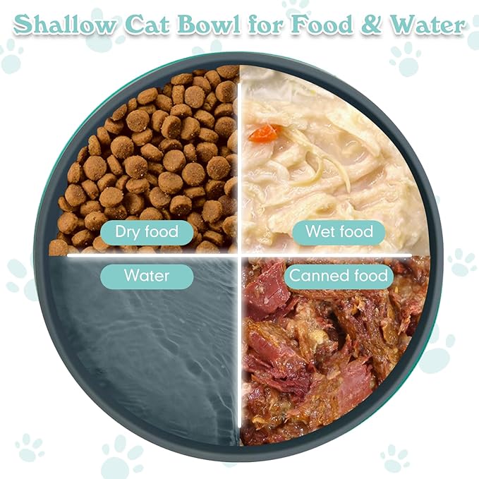 Silicone Dog Bowl Shallow Cat Food Bowls 7in Flat Puppy Plates Cute Whisker Fatigue Pet Feeding Dishes Set of 2 for Dry and Wet Food Indoor (Round Dark Grey)