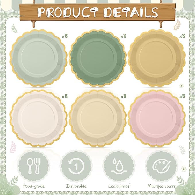 48 Pcs Sage and Pink Paper Plates 9 Inch Gradient Scalloped Paper Disposable Dinner Dessert Plates for Birthday Wedding Bridal Party Supplies, 6 Colors