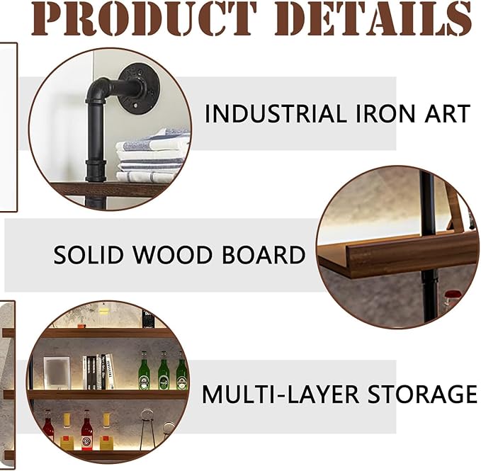 62.9in Large Wine Rack with LED Light Solid Wood Wall Mounted Wine Rack, 3-Tiers Liquor Bottles Floating Shelves Display Storage Organizer for Home Bar & Dining Room (160cm/62.9in)
