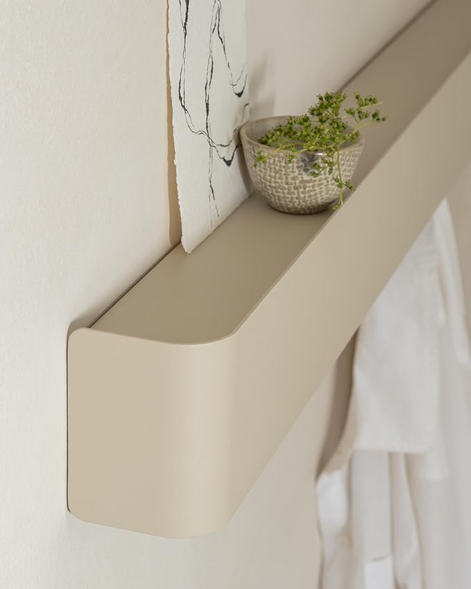 Kazai.® Coat Rack Wall Mount with Shelf 'Tone' | Modern Design Coat Hanger with Hidden Hooks and Storage | Hat Rack with Shelf in Metal | Wall-Mounted Purse Organizer | Taupe