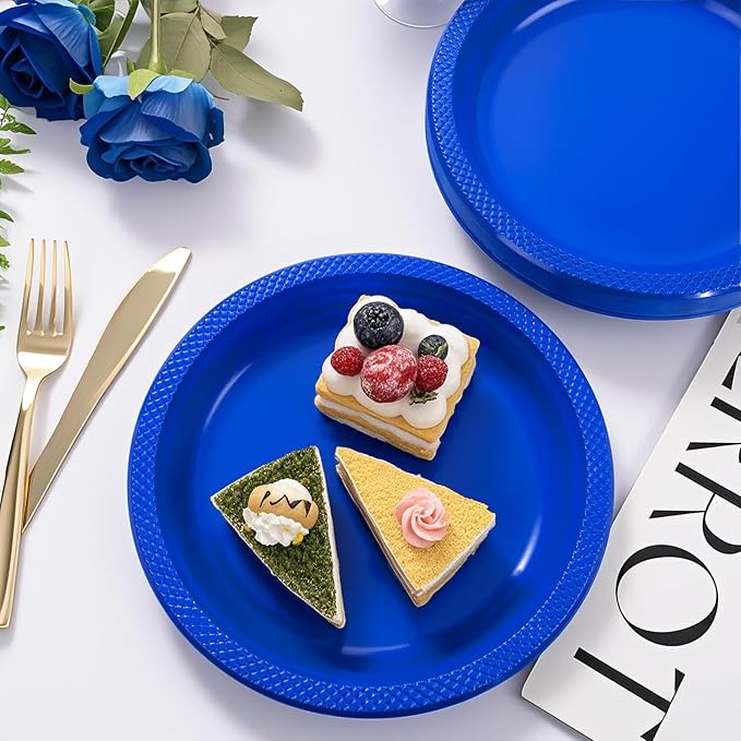 WELLIFE Royal Blue Party Plates 7 Inch -150 Count, Disposable Plastic Dark Blue Dessert Plates for Party Salad Cake Appetizer