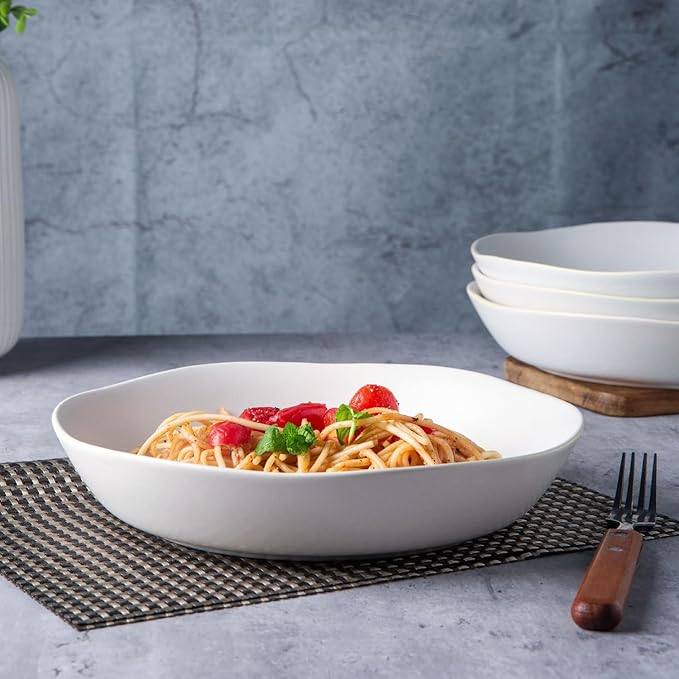 AmorArc 9.75'' Ceramic Large Pasta Bowls, 38oz Stoneware Flat Serving Bowls Set of 4, Oven,Microwave&Dishwasher Safe Bowls with Wavy Rim for Fruit Pasta Salad Meal, Matte White