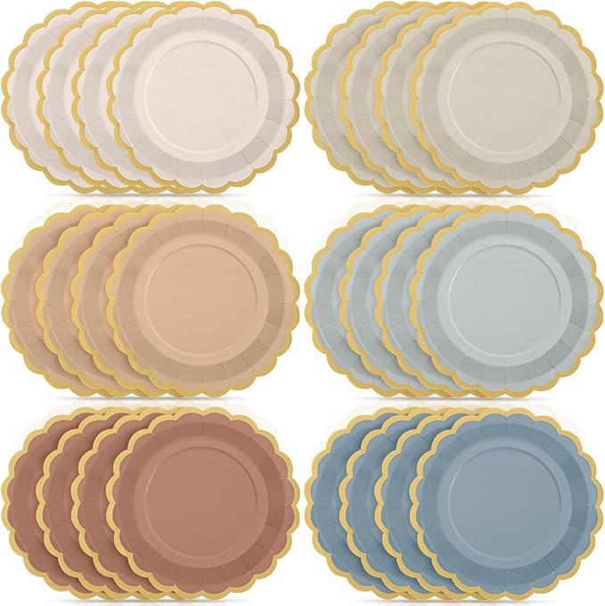 48 Pcs Morandi Color Paper Plates 9 Inch Pastel Scalloped Disposable Colored Boho Dinner Dessert Paper Plates for Birthday Wedding Bridal Party Supplies, 6 Colors