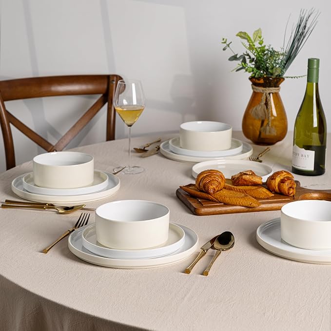 AmorArc Ceramic Dinnerware Set | Stoneware Plates and Bowls | Scratch Resistant,Dishwasher & Microwave Safe Dishes Sets-cream