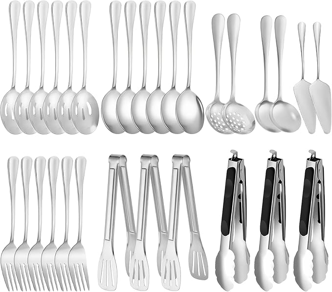 30pcs Stainless Steel Serving Utensils Set for Parties& Buffets, Catering, Banquets, Weddings and Events (Silver)