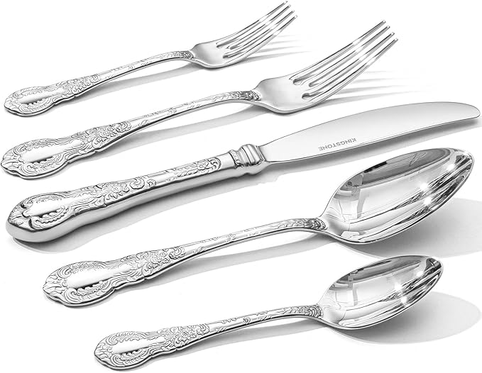KINGSTONE Vintage Carved Silverware Set, 5-Piece 18/10 Stainless Steel Flatware Cutlery Set with Retro Royal Thick Handle, Tableware Utensils for Home, Restaurant, party, Wedding, Dishwasher Safe