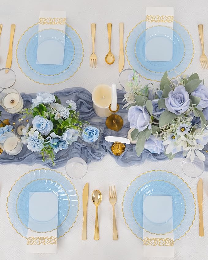 YOUBET 175PCS Clear Blue Scalloped Plastic Plates - Blue and Gold Disposable Dinnerware Set Include 50 Plates, 75 Gold Silverware, 25 Cups, 25 Napkins for Party & Wedding & Baby Shower