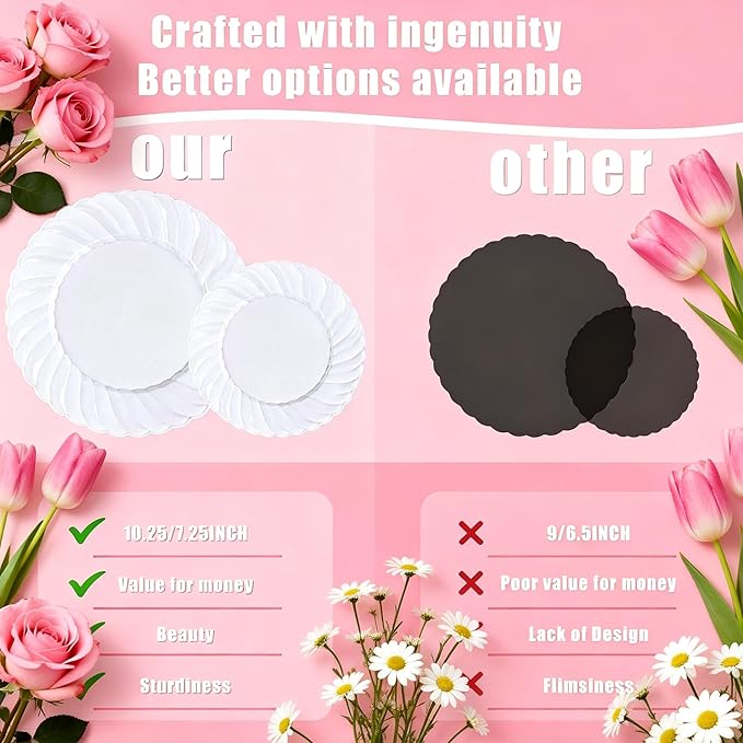 U-QE 60 Pcs White Plastic Plates for Party – Scalloped Plastic Plates Heavy Duty & Elegant – Include 30 10" Dinner & 30 7" Dessert Plate - Perfect for Party & Wedding