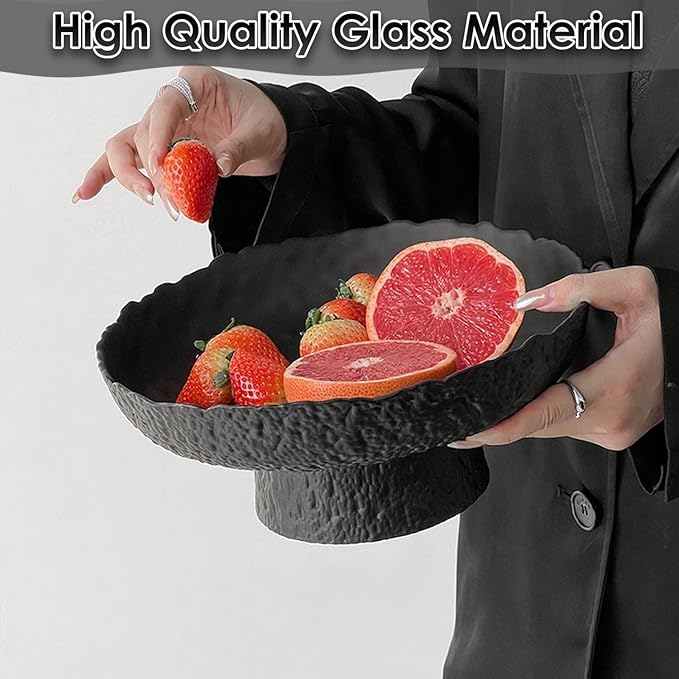 Glass Fruit Bowl for Kitchen Counter, Black Pedestal Bowl, Large Footed Serving Bowl, Decorative Bowls for Centerpiece Home Decor, Modern Fruit Holder (Large 10.4 Inch)