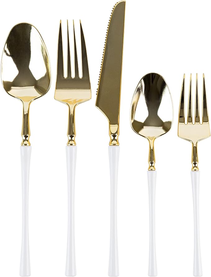 PlasticPro 20 Count Gold and White Plastic Dinner Forks Premium Quality Heavy Duty Disposable Elegant Silverware Two Tone Forks for Party
