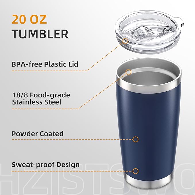 20 oz Tumbler Bulk with Lid Stainless Steel Insulated Tumblers Double Wall Vacuum Coffee Mug Powder Coated Tumbler Cups for Cold and Hot Drinks, Navy, 12 pack