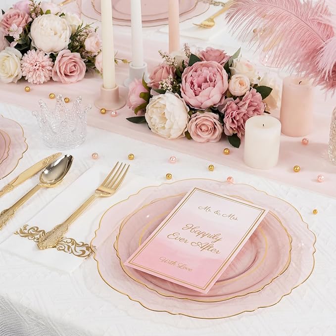 KIRE 210Pcs Clear Pink Plastic Plates with Gold Rim - Disposable Pink Plates&Silverware&Pink Cups&Hand Napkin - Plum Colored Plastic Dinnerware for Upscale Wedding/Valentine's Day