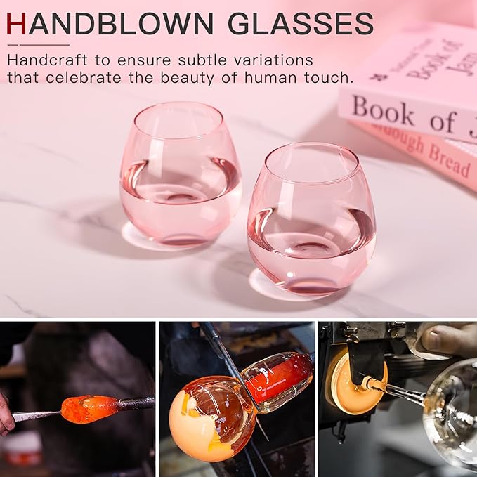 Pink Wine Glasses Set of 6-15oz -Colored Stemless Hand-Blown Wine Glasses, European Design Crystal Glass For Red & White Wine, Unique Gifts for Wedding, Birthday,Valentine's Day