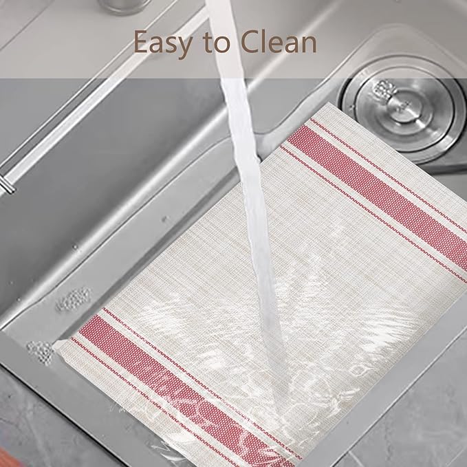 DACHUI Placemats Set of 6, Soft & Elegant Woven Vinyl Place Mats, Water Resistant, Heat Resistant, Washable, Durable Table Mats (Red Stripes)