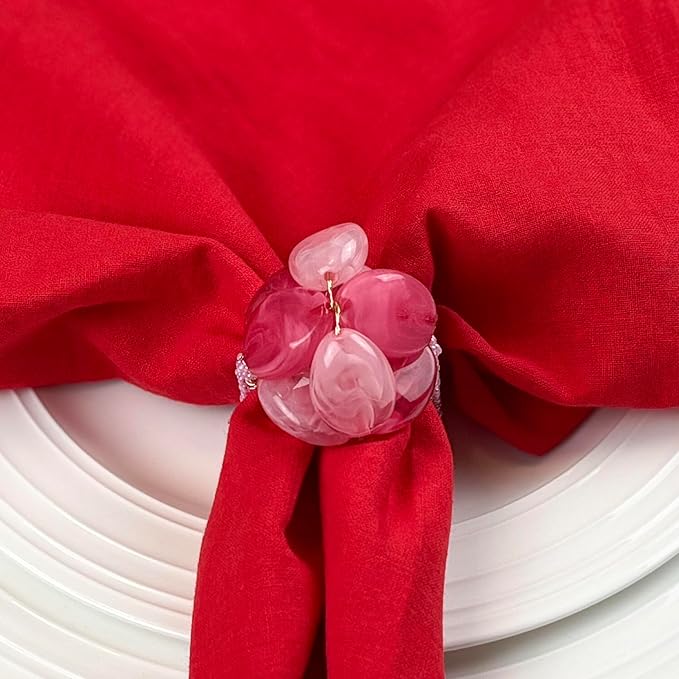 Beaded Pebble Stone Napkin Rings – Handcrafted Acrylic Napkin Holders with Natural Coastal Look – Elegant Table Decor for Ester, Wedding, Valentine's Day or Gift - Set of 4, Pink