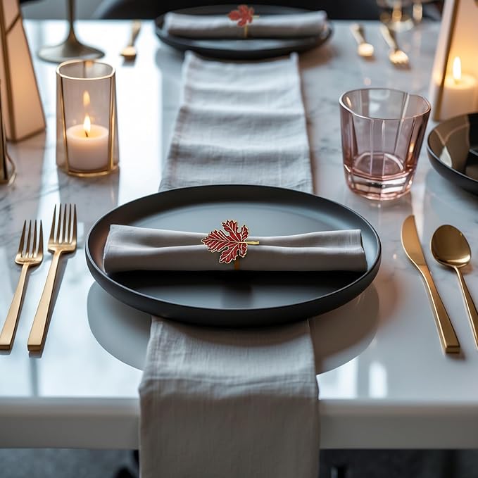 Decozen Set of 8 Red Gold Napkin Rings in Leaf Design, Festive, Table Decor Setting for Holiday, Wedding, Birthday, Kitchen, Home Decor, Housewarming Gift - Thanksgiving & Christmas Gift Decoration