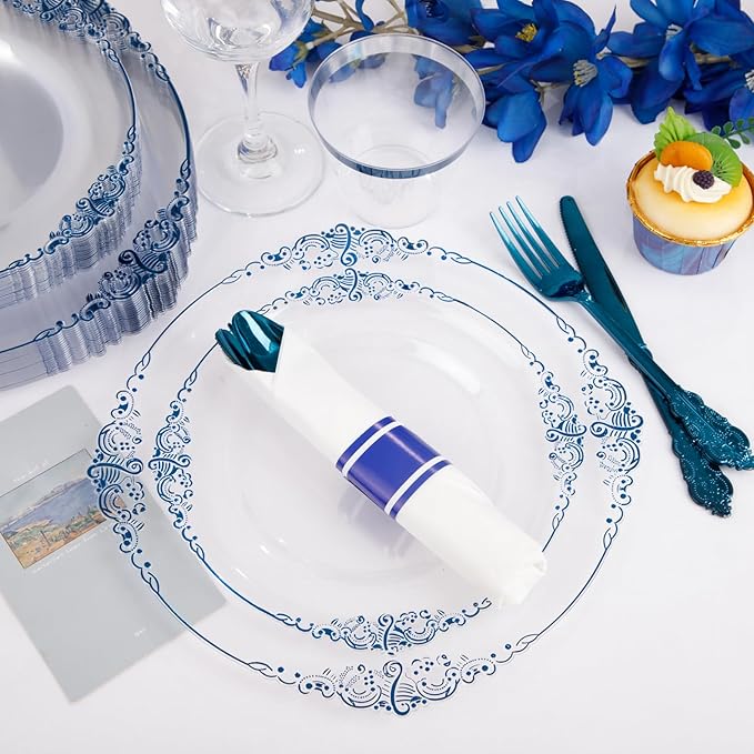 Hioasis 350pcs Clear Blue Plastic Plates - Elegant Disposable Dinnerware Set Suitable for 50 Guests Include 10.25" Dinner & 7.5" Dessert Plates, Pre Rolled Silverware Set, Cups for Party & Wedding