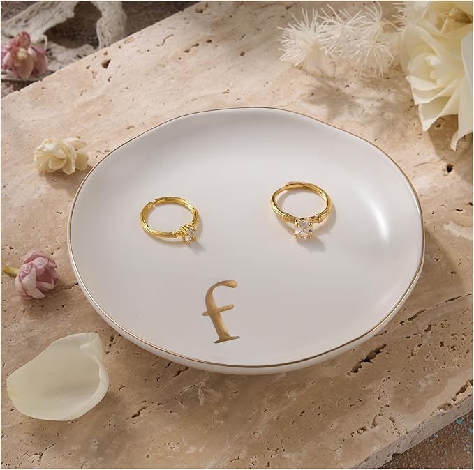 Lolalet Handmade Ceramic Ring Dish Jewelry Tray Plate with Initial, Small Monogram Gift for Her Women Girls Mother, Hostess, Engagement, Bridal Shower, Maid of Honor, Bridesmaid, Birthday, Christmas