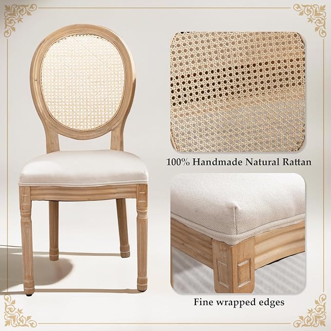 SoarFlash French Dining Chairs Set of 4, Vantage Dining Chair with Round Back, Farmhouse Country Rattan Dining Chair for Kitchen,Bedroom,Beige
