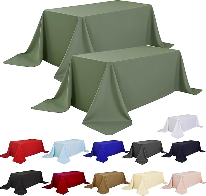 2-Pack 90x156 inch Sage Green Table Cloths, Solid Stain and Wrinkle Resistant Oblong Tablecloth, Premium Plain Weave Polyester Fabric Rectangle Table Linen Covers for Hotel, Banquet