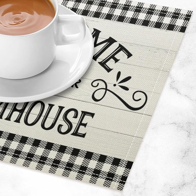 Vintage Farmhouse Placemat Set, Rustic Minimal Black White Check Inspirational Quotes Sketch Sunflower Pattern Home Decoration Linen Table Mats for Dining Room Kitchen Party (17x12in) x6P