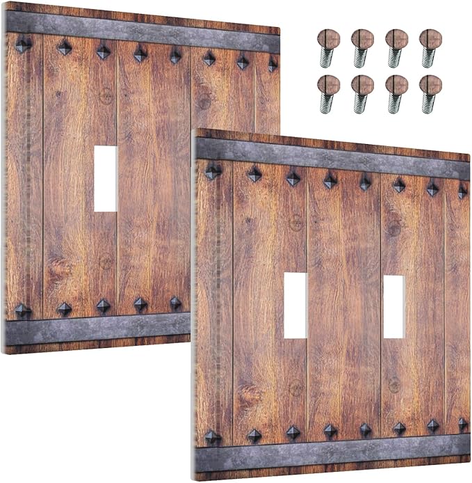Decorative Light Switch Cover Rustic Farmhouse Barn Door Vintage Wood 2 Gang Wall Plate Double Toggle Switch Plate Receptacle Electrical Outlet Cover Switchplate for Bathroom Cabin（2 Pack）