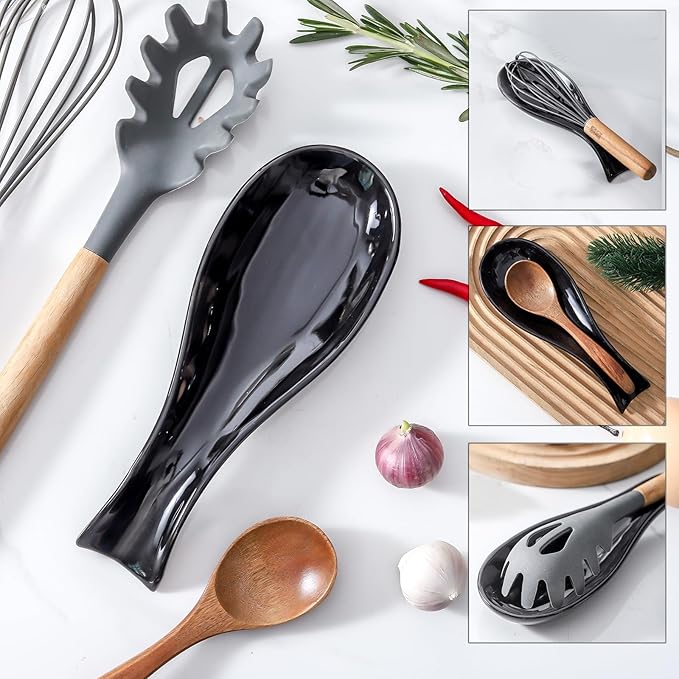 Ceramic Spoon Rest for Stove Top,Large 8.7 Inch Spoon Holder for Kitchen Counter,Porcelain Utensil Rest for Thankgiving and Christmas Gift,Dishwasher Safe and Heat-Resistant,Black(2 PC)