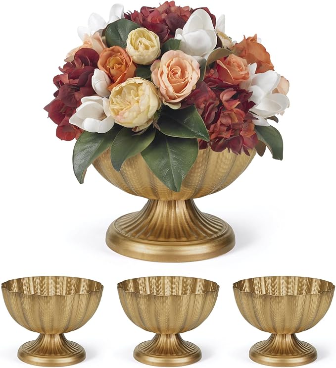 Set of 4, 9'' Wide 6.5'' High Distressed Gold Compote Pedestal Vases, Antique Metal Large Gold Compote Bowl Vase for Centerpieces with Waterproof Liner