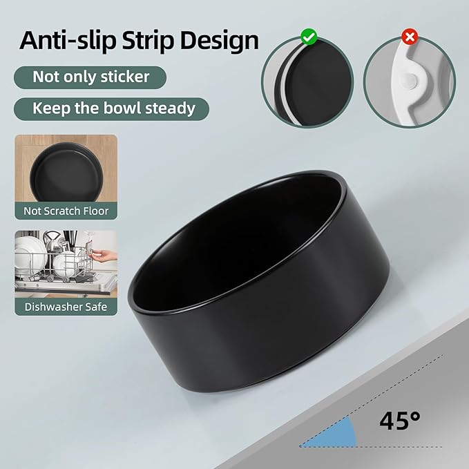 Ceramic 6.1inch Non-Slip Dog Food and Water Bowl for Small & Medium Breed Dogs,Pet Bowl for Replacement, Protects Cervical Spine (Black)