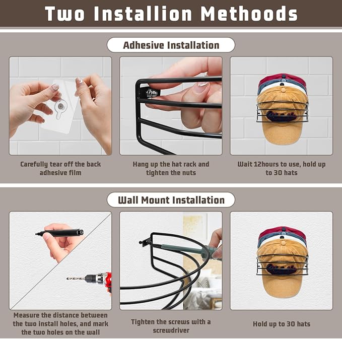 Hat Organizer for Baseball Caps, 2-Pack Black Metal Hat Rack Wall Ball Cap Storage Organizer Hold Up to 30 Caps Hat Holder for Wall Door Closet, Wall Mounted & Adhesive Installation Option