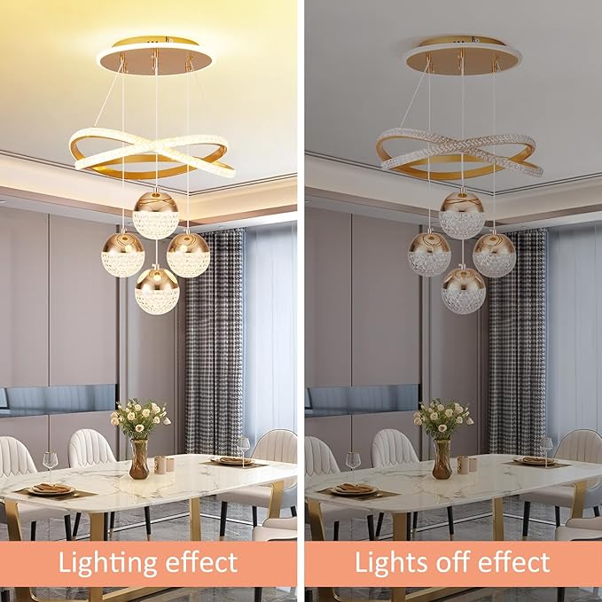 Modern Gold LED Chandeliers, 3-Color Dimmable Pendant Light for Kitchen Island, Dining Room, Living Room, Contemporary Hanging Ceiling Light, Adjustable Height, Perfect for Modern Home Decor.
